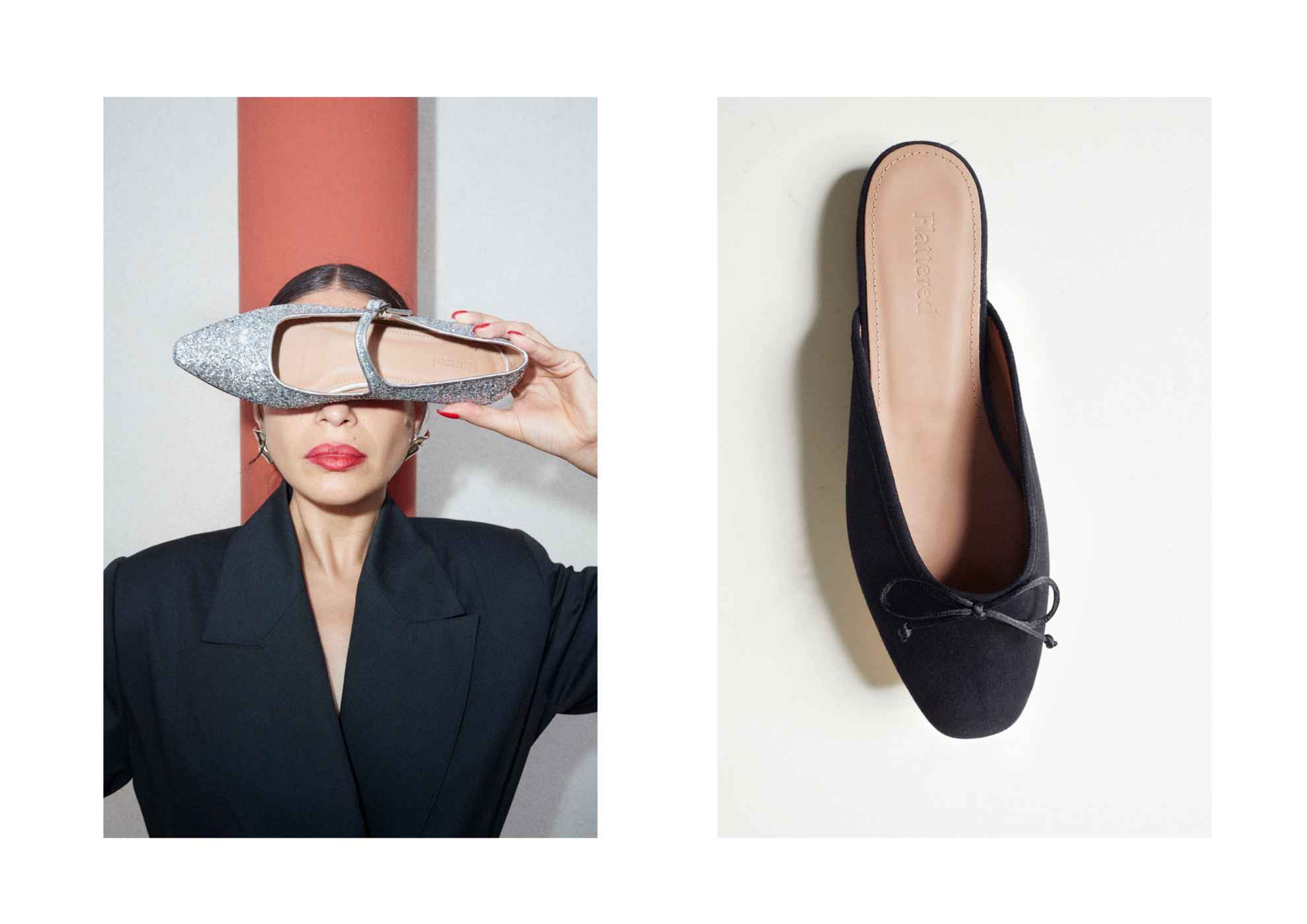 Deux images. Une avec une femme tenant une chaussure devant ses yeux, et une avec une ballerine noire posée sur une surface blanche.