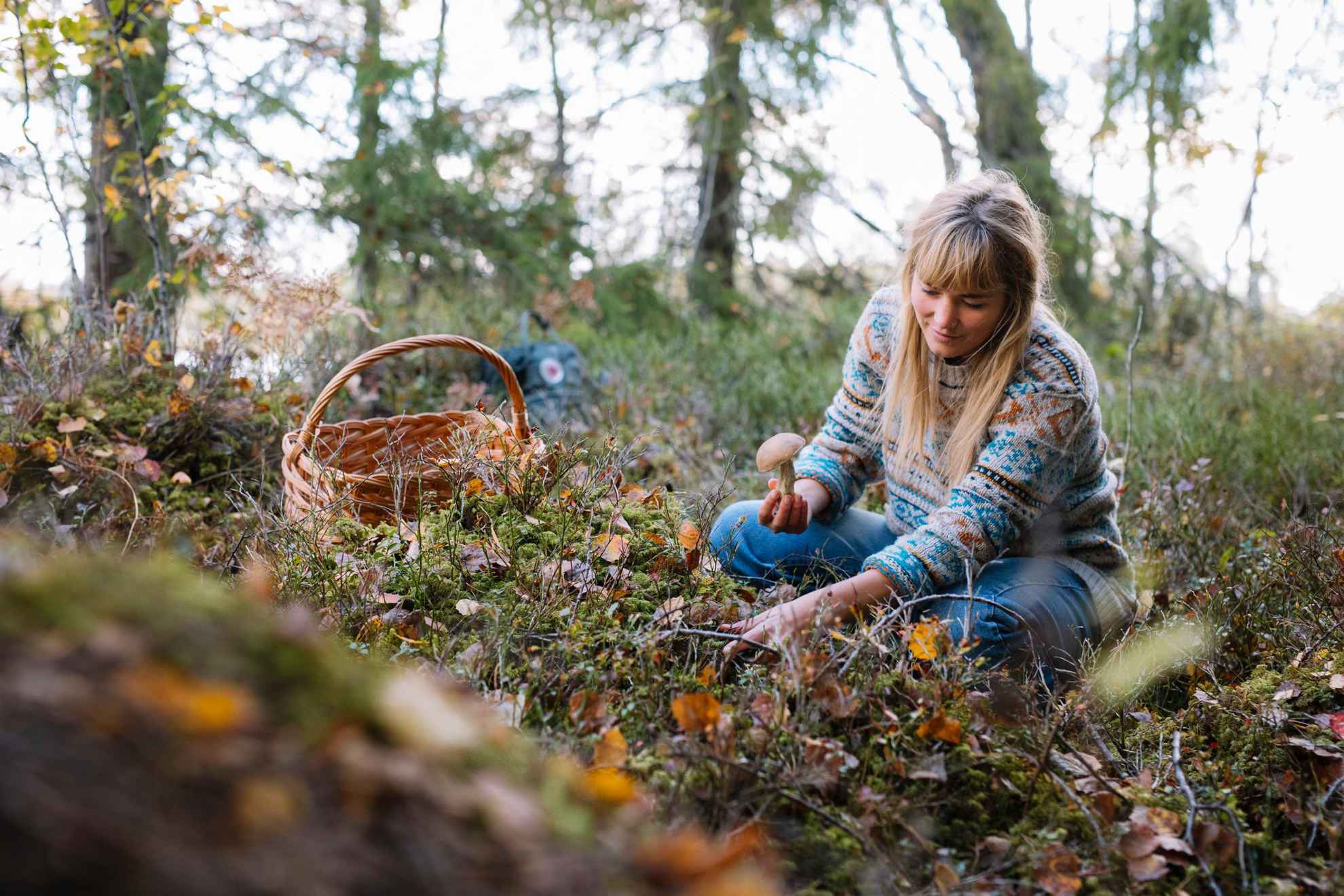 Une femme agenouillée en train de ramasser des champignons dans la forêt. Un panier est posé à côté d'elle.