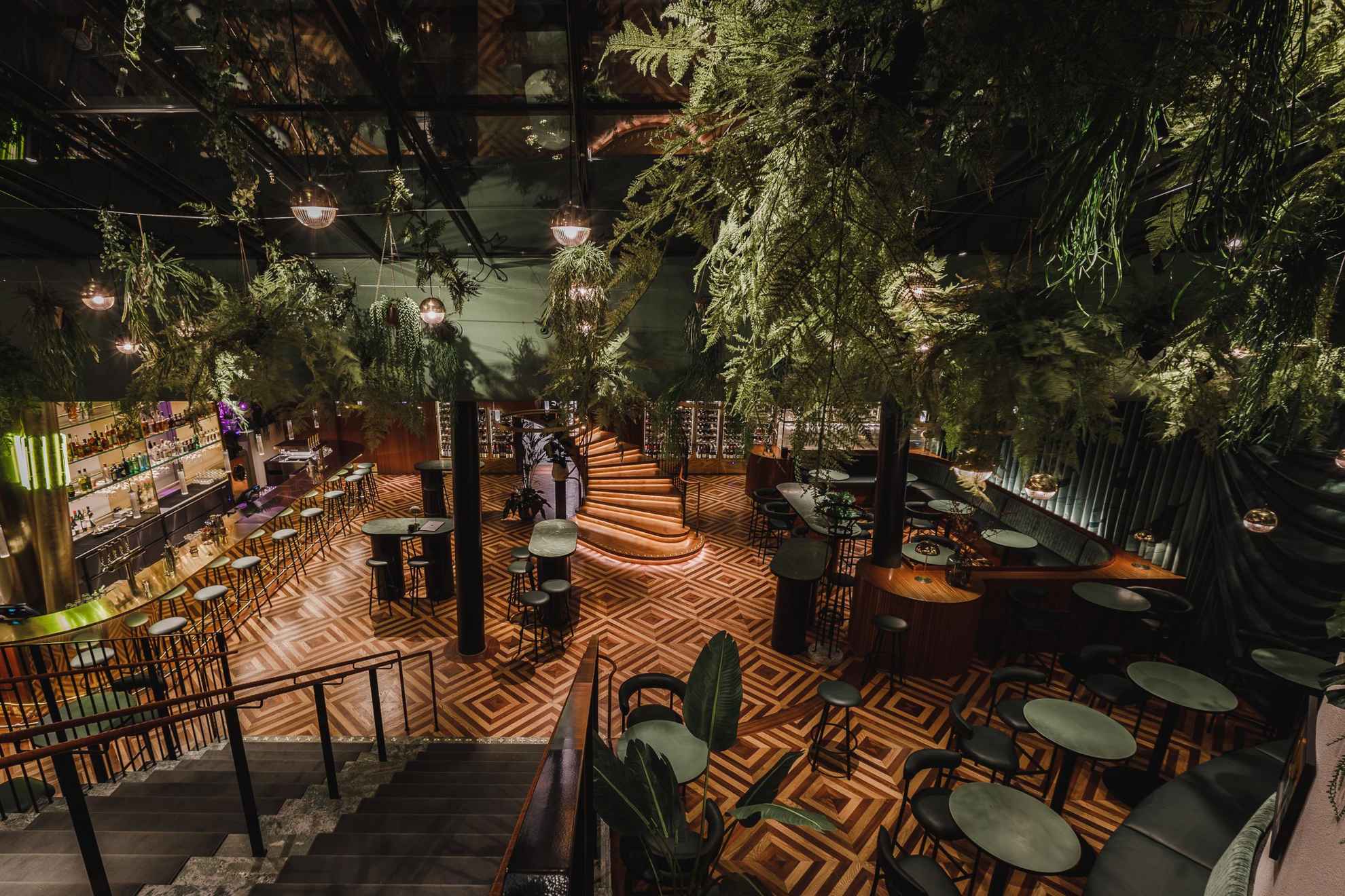 La salle principale du restaurant avec des tables et chaises vertes, un grand bar et des plantes réparties dans la pièce.