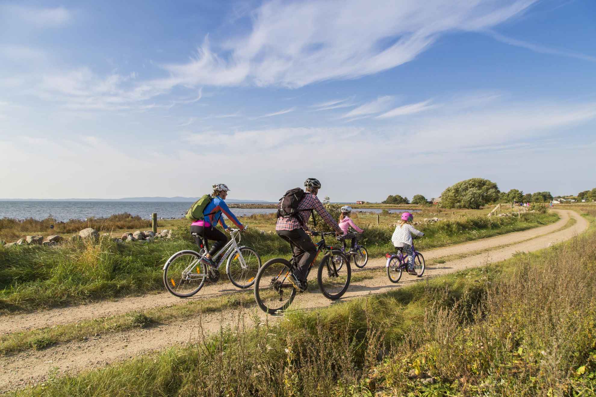 Deux parents et deux enfants en train de faire du vélo sur une route de campagne le long de la côte en Scanie.