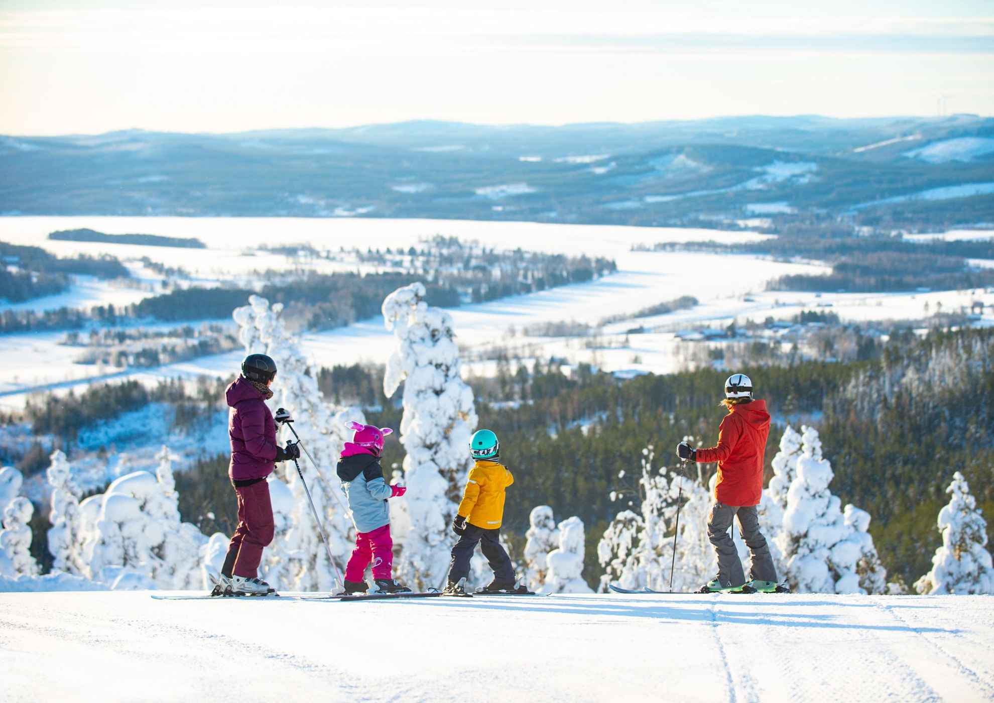 Deux enfants et deux adultes avec des affaires de ski se tiennent debout sur leurs skis en haut d'une piste de ski. On voit des arbres et des montagnes enneigés en arrière-plan..