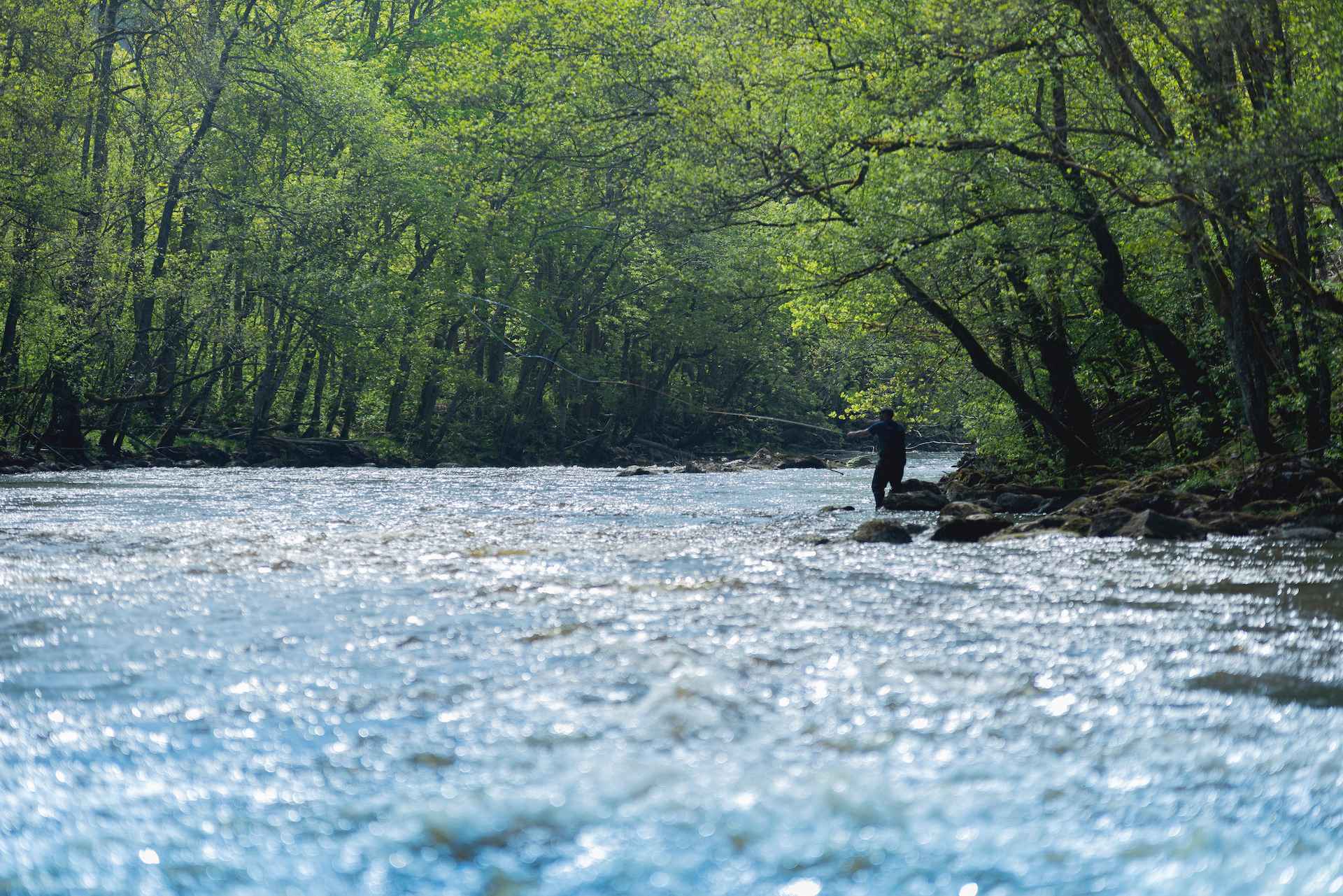 Une personne pêche à la mouche dans la rivière Örekil. La rivière est entourée de verdure.