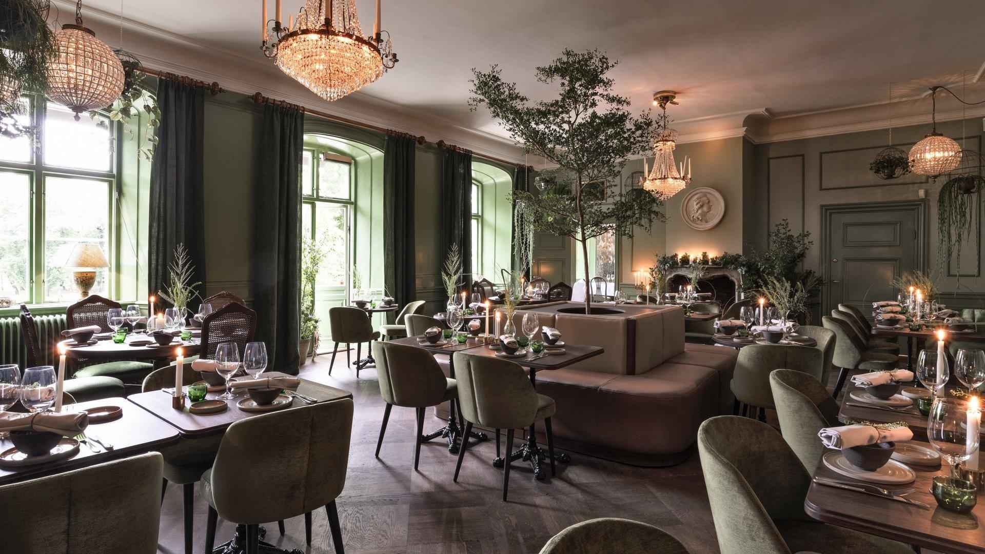 Une grande salle à manger décorée de tables en bois, chaises vertes et murs peints en vert.