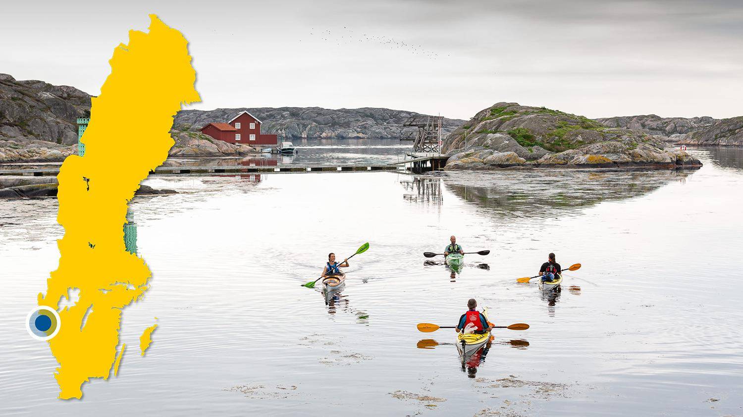 Quatre personnes font du kayak dans l'archipel. Il y a une carte jaune de la Suède avec un point bleu qui indique l'emplacement de Skärhamn.