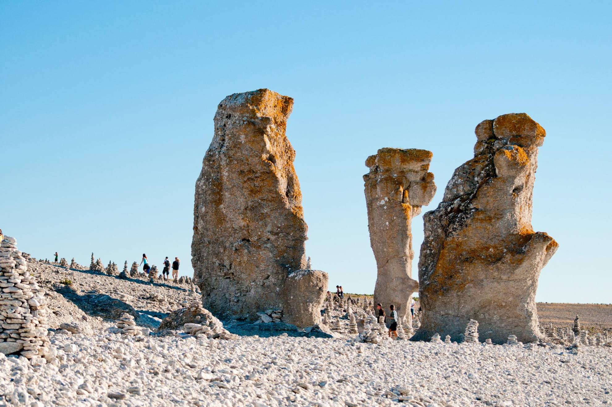 Des monolithes de calcaire se trouvent sur une plage rocheuse de Gotland. En arrière-plan, il y a quelques personnes qui marchent.