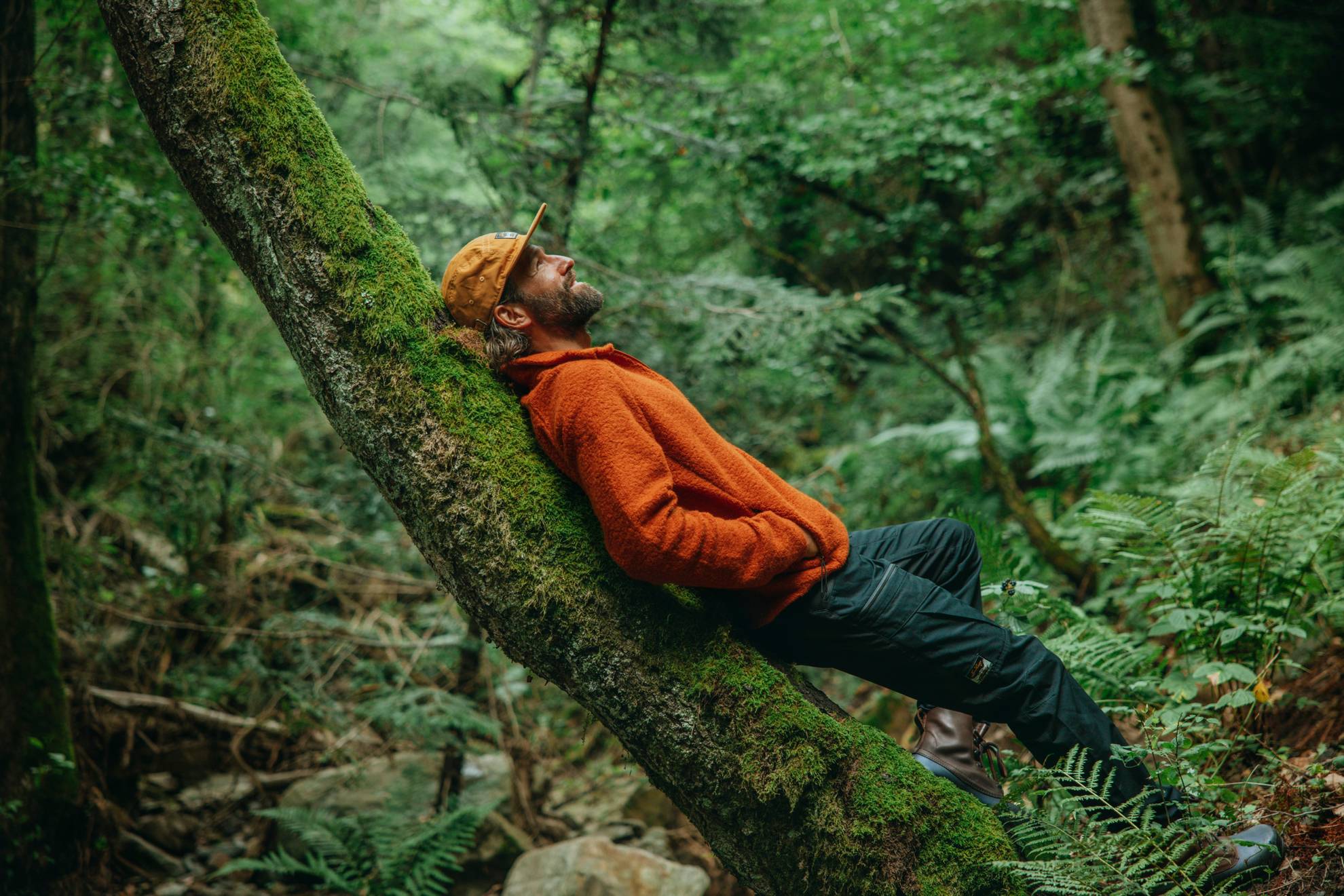 Un homme avec une veste orange et une casquette est adossé à un arbre dans une forêt.