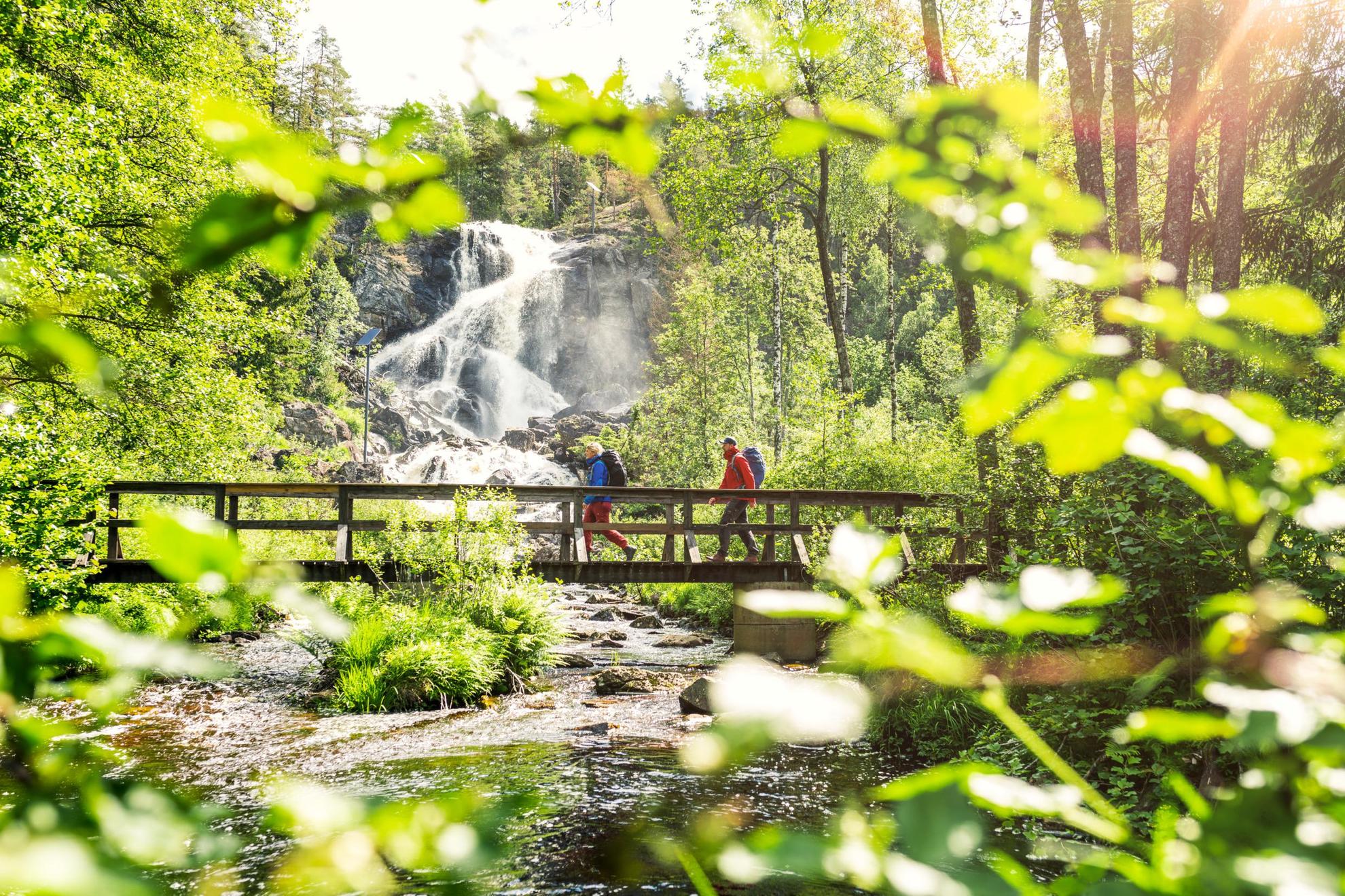 Deux personnes sont en train de marcher sur un pont en bois dans une forêt. On voit une cascade en arrière-plan.