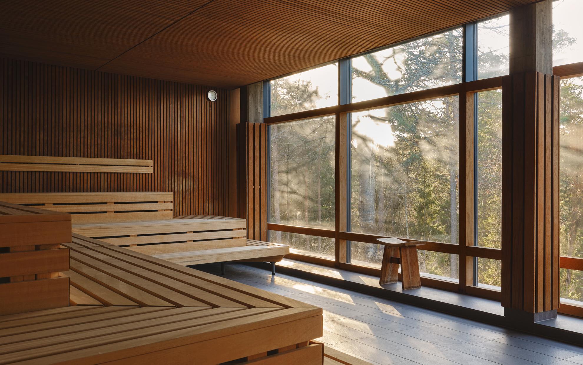 Un sauna sec en bois avec de grandes fenêtres panoramiques donnant sur la forêt.