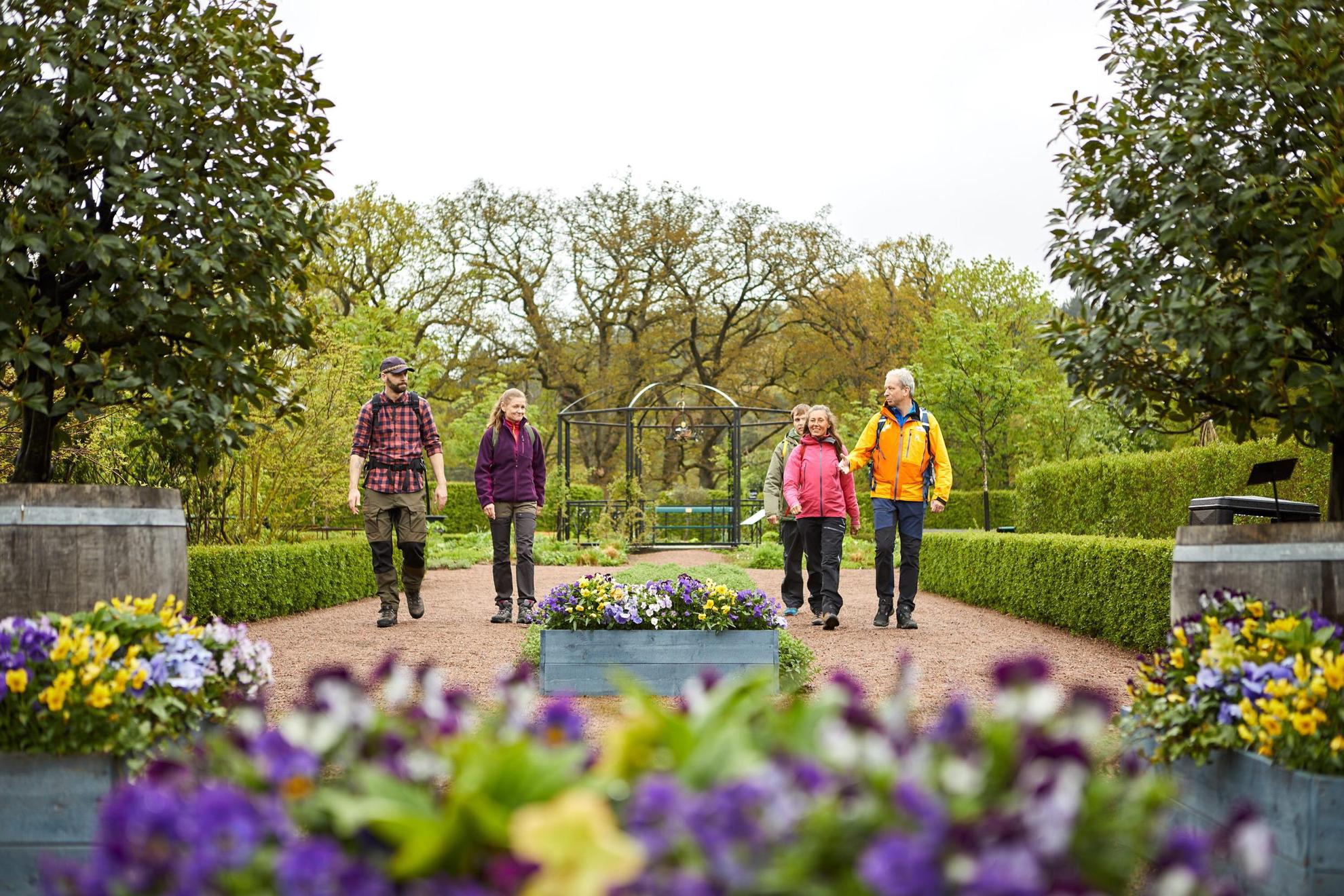 Un groupe de cinq personnes marchent dans un joli jardin. Au premier plan, il y a des fleurs violettes et jaunes. En arrière-plan, on voit des arbres et de la verdure.