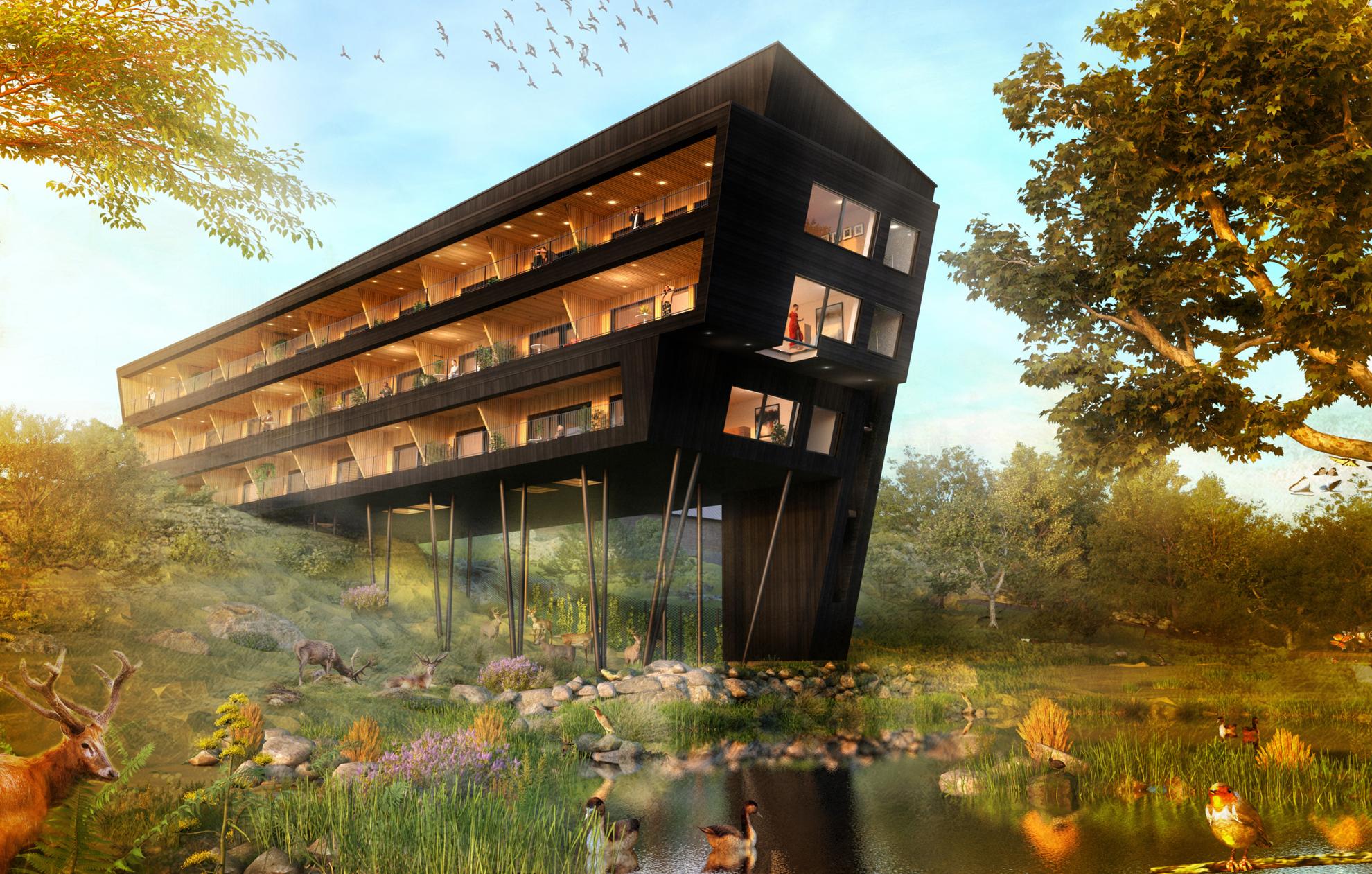 Image de synthèse du nouveau bâtiment de l'hôtel Eriksberg Hotel & Nature Reserve, Ark.