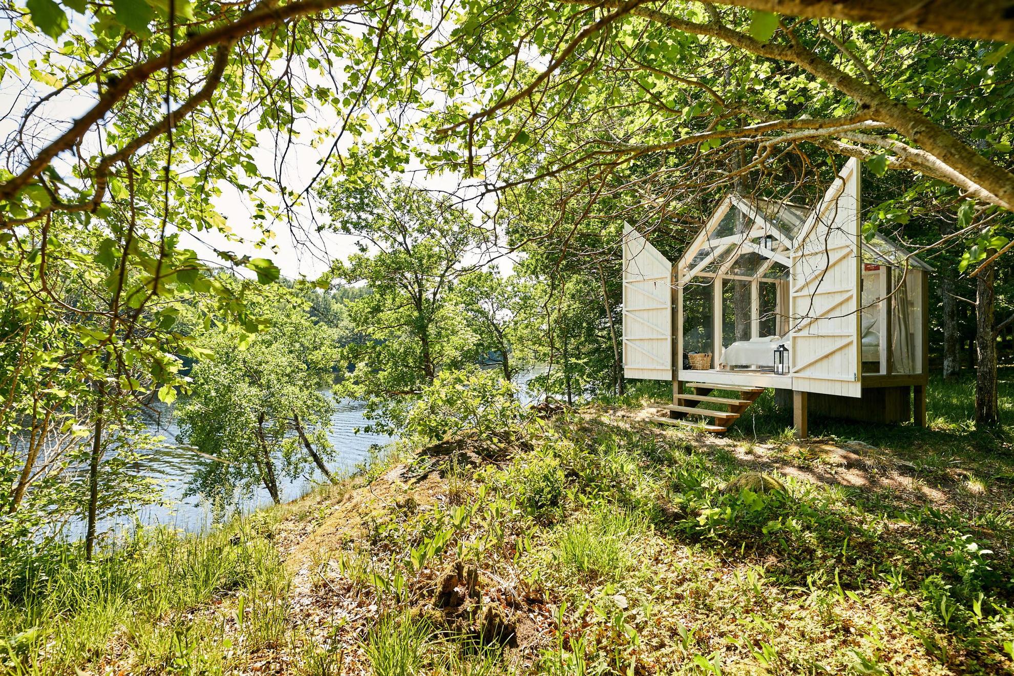 Une cabane faite de bois et de verre dans une nature estivale.
