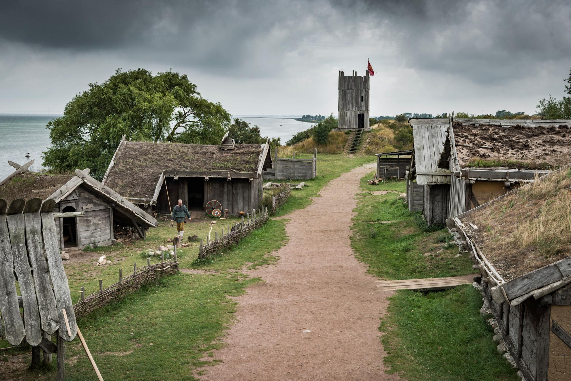 Un chemin traversant un village viking traditionnel avec des maisons en bois aux toits recouverts d'herbe.
